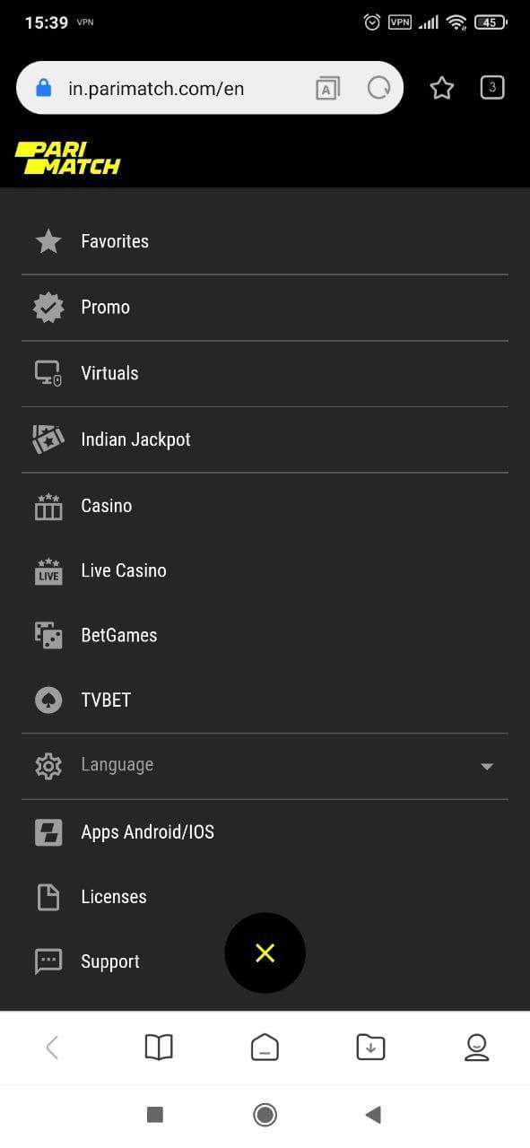 Parimatch app menu