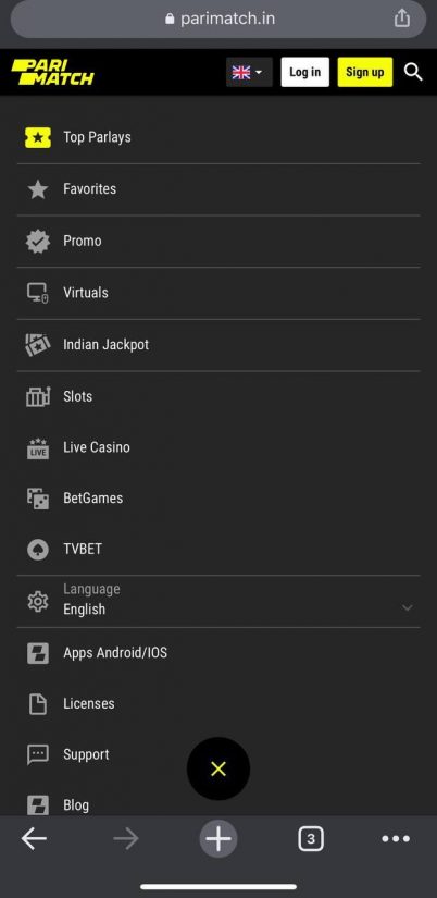 Parimatch mobile app menu