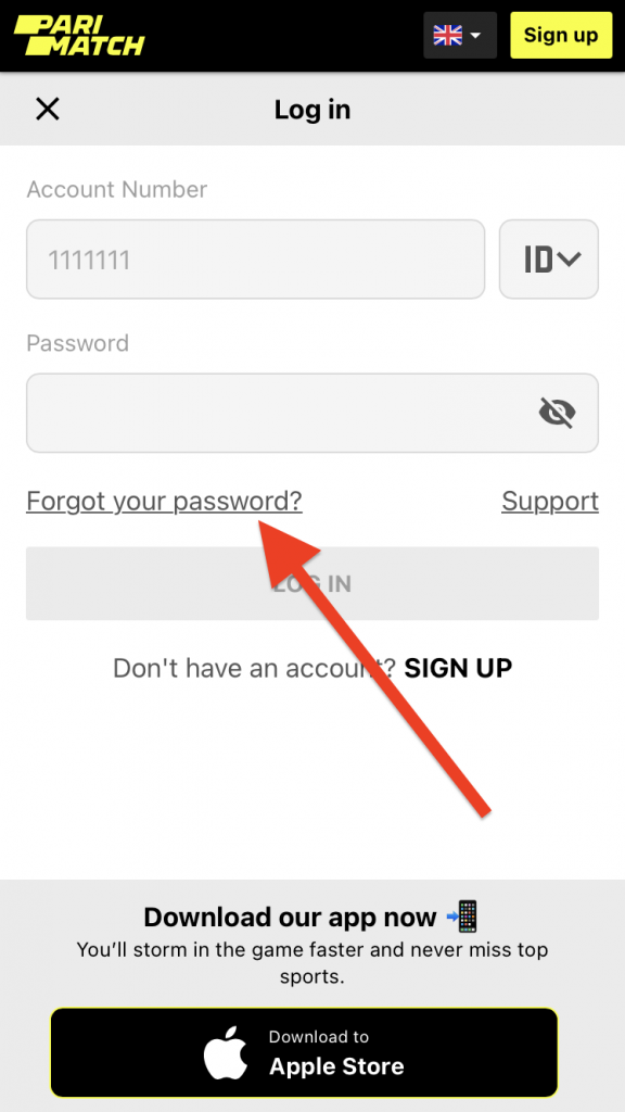 Parimatch India Log in page, Forgot your password button highlighted