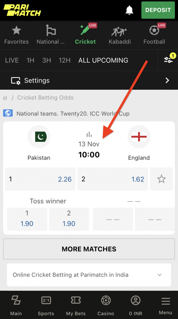 Parimatch India Upcoming Matches page
