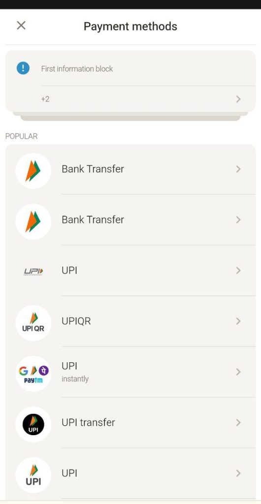 Deposit methods available on Parimatch
