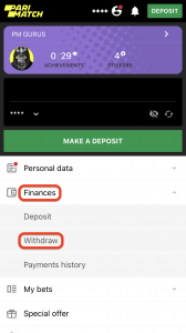 Parimatch menu with Finances and Withdraw highlighted