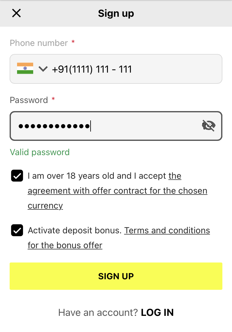 Sign up form on Parimatch