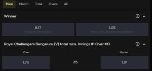 Virtual cricket betting odds screen