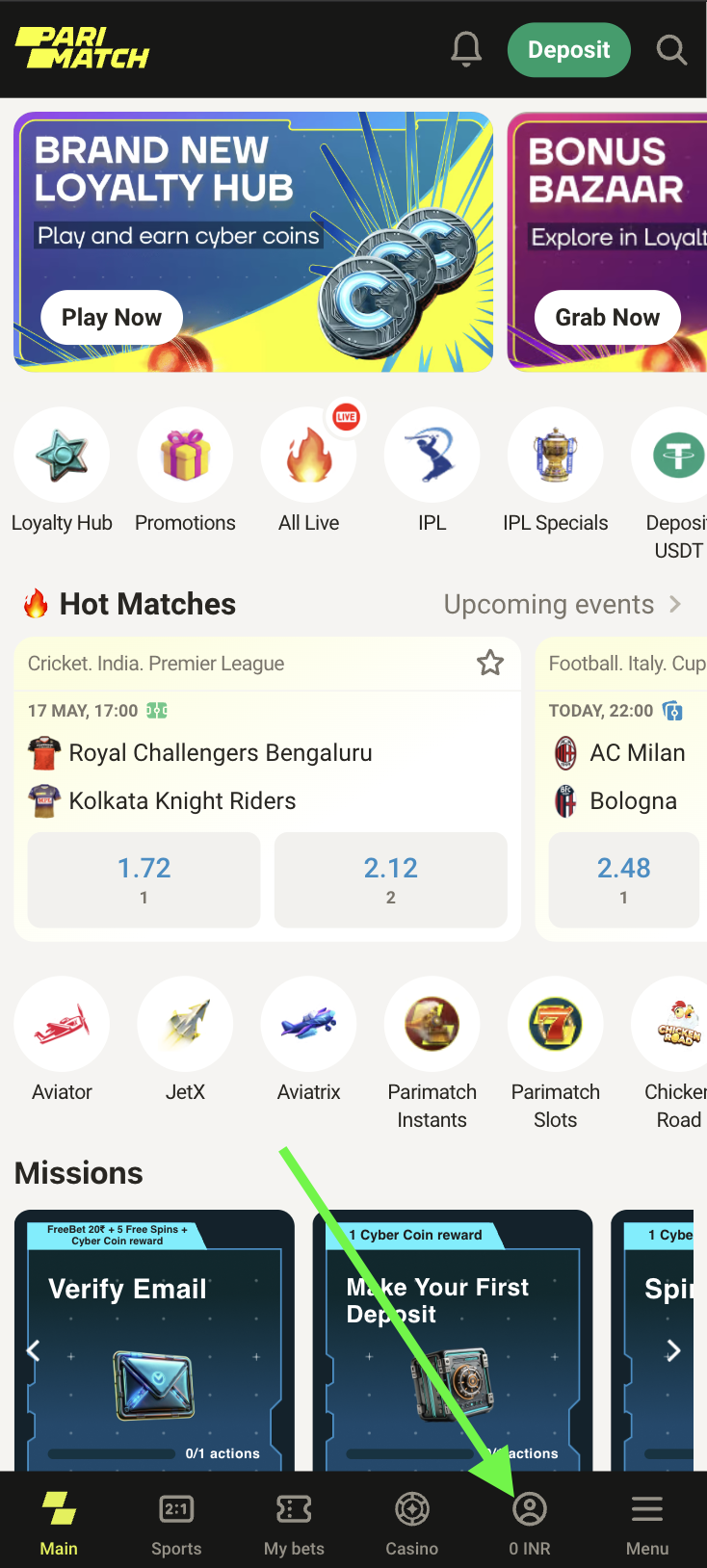 Parimatch India website with menu icon highlited