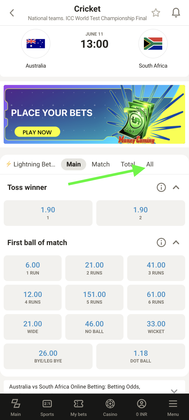 Parimatch India betting options, All button highlighted