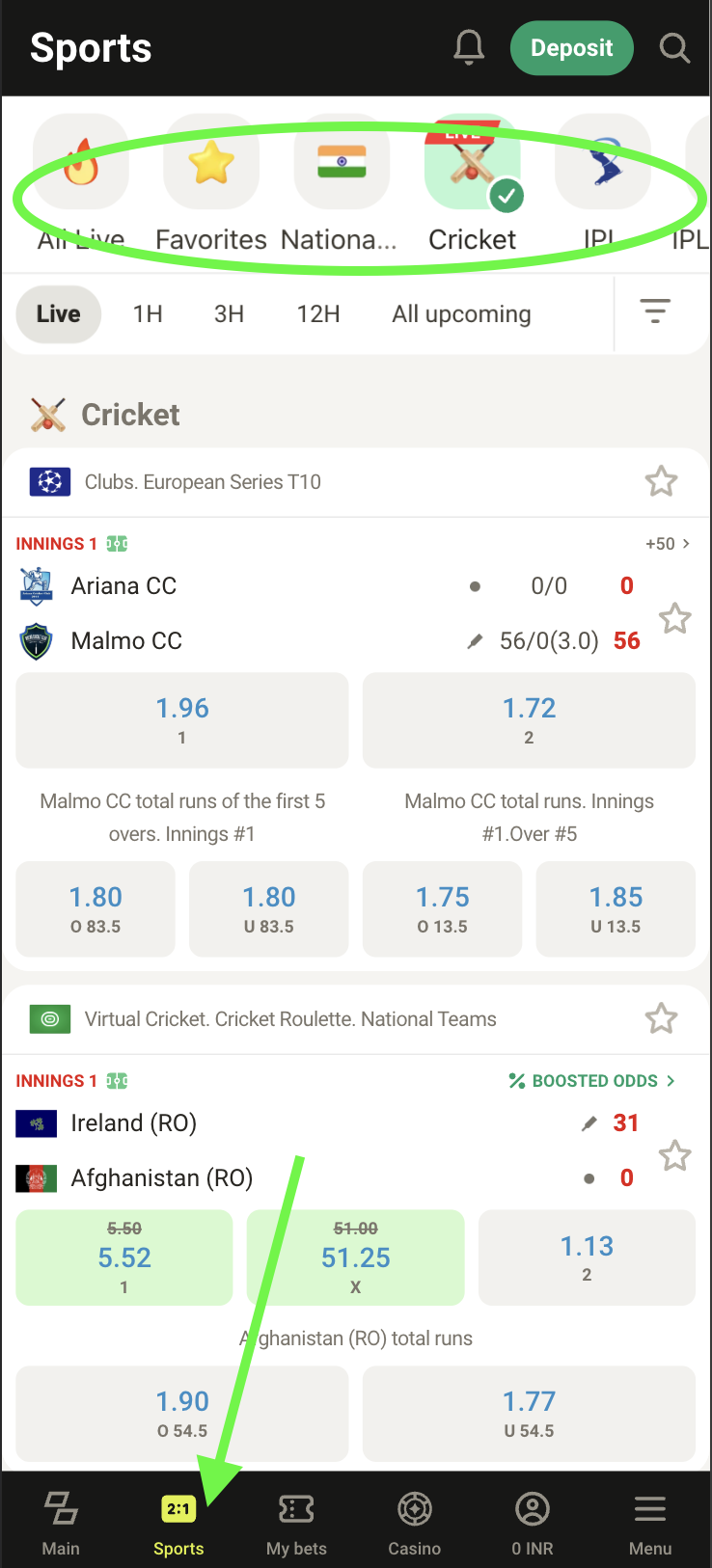 Parimatch India website with Top matches highlighted