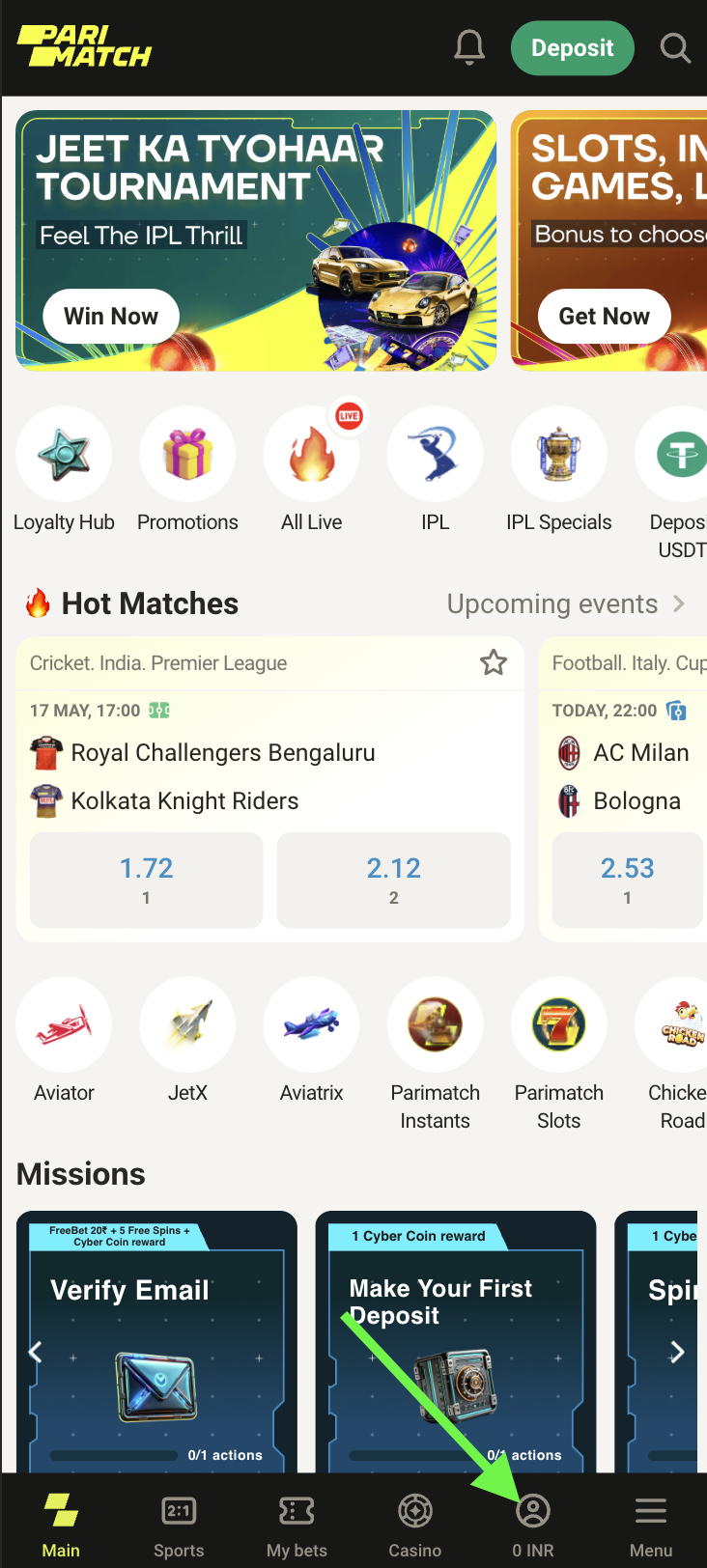 Parimatch India website with menu icon highlited