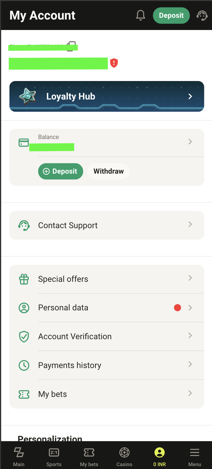 Parimatch India personal account menu