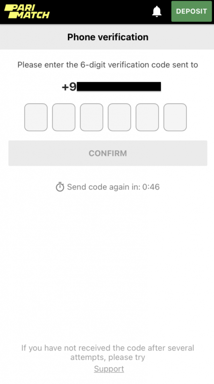 Parimatch India website Phone verification page