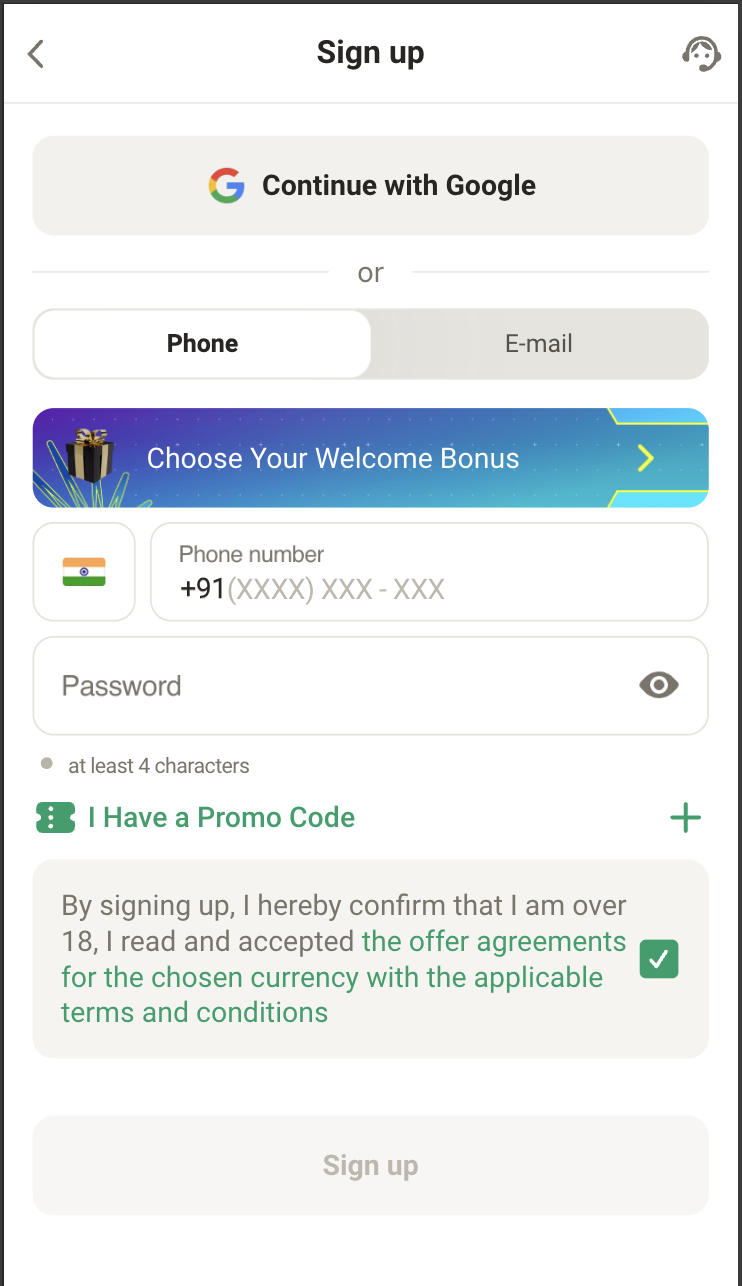 Parimatch registration page