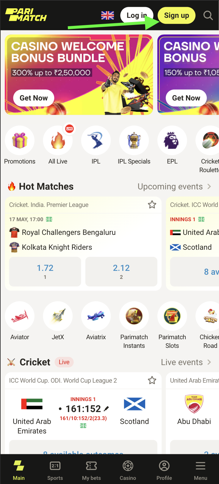 Parimatch India website with the Sign up button highlighted