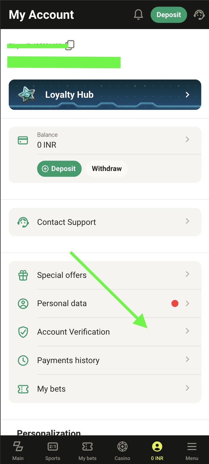 Parimatch India Account verification menu highlighted