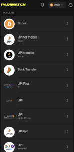 Available banking options on Parimatch account